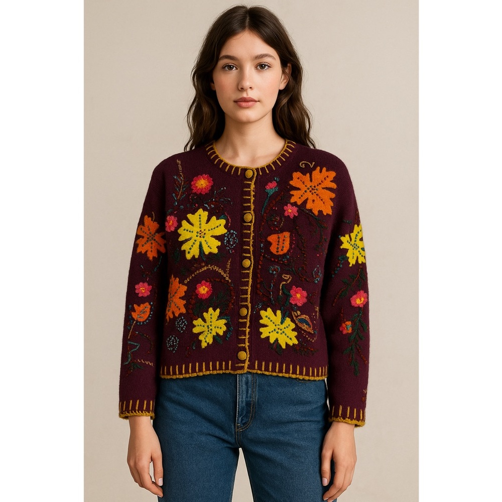 Jodi Blake Embroidered Cardigan L Fall‎ Beaded Knit Folk Art to Wear Maximalist